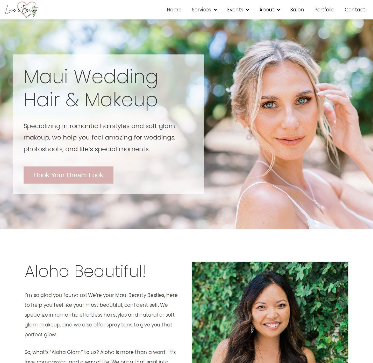 WordPress website design for Love and Beauty Maui, a wedding hair and makeup studio: the homepage on a desktop and a phone